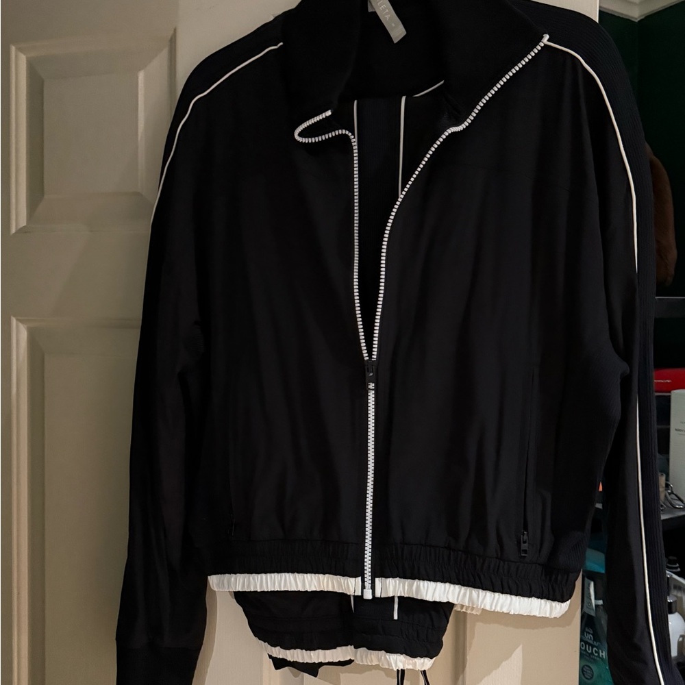 Athleta Set Black Bomber Jacket with White Trim and joggers